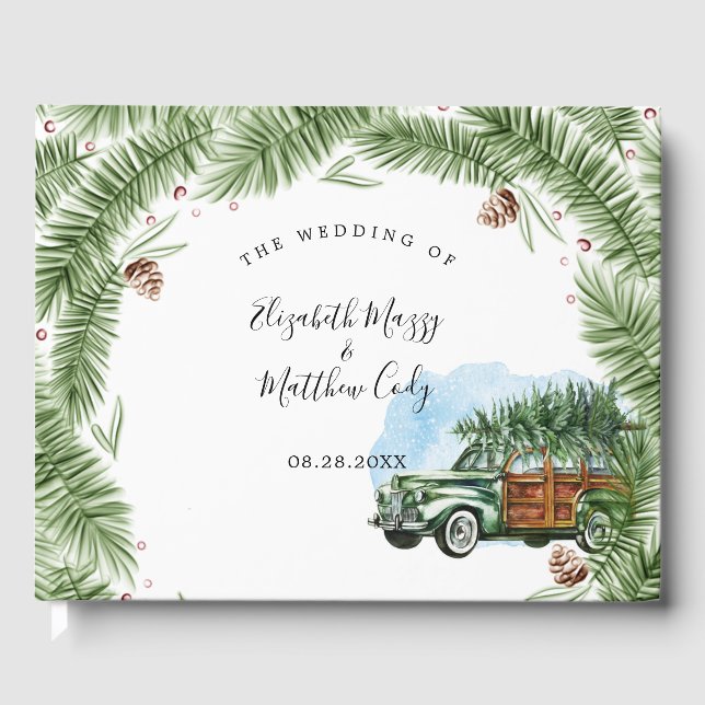 Vintage Green Car Snow Christmas Wedding Guest Book (Front)