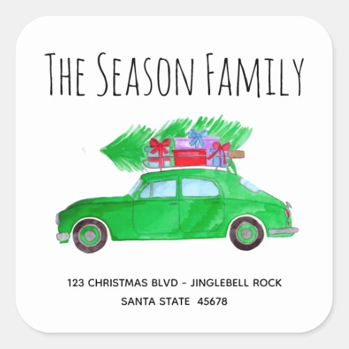 Vintage Green Car with Christmas tree Square Sticker