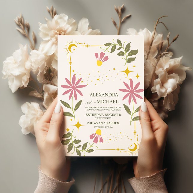 Vintage Green Celestial Botanical Wedding Invitation (Creator Uploaded)