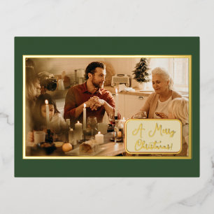 Vintage Green Christmas Eve Family Photo Foil Holiday Postcard