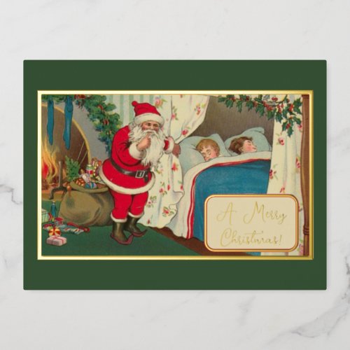 Vintage Green Christmas Eve Santa Gifts Children Foil Holiday Postcard