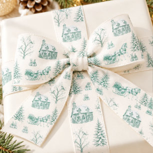 Vintage Green Christmas Toile Horse Sleigh Satin Ribbon