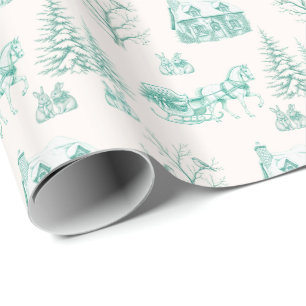 Vintage Green Christmas Toile Horse Sleigh Wrapping Paper