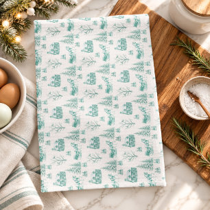 Vintage Green Cream Christmas Toile Horse Sleigh Kitchen Towel