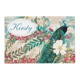 Vintage Green. cream & red Floral Peacock Placemat