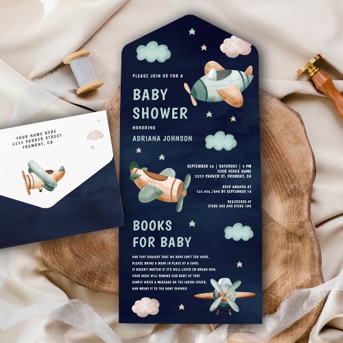 Vintage Green Cute Airplanes Navy Blue Baby Shower All In One Invitation