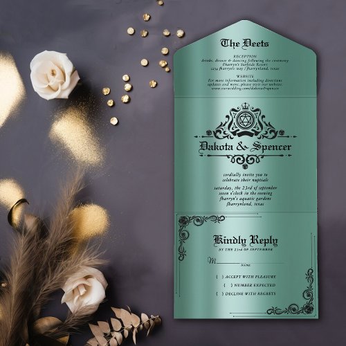 Vintage Green D20  RPG Tabletop Dice Wedding All In One Invitation