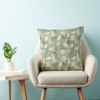 Vintage Green Daisy Ephemera Botanical  Throw Pillow