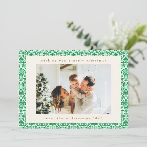 Vintage Green Damask Festive Two Photo Christmas Holiday Card