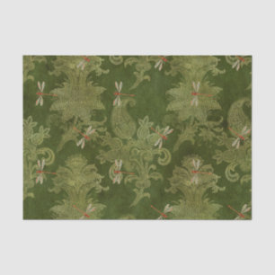 Vintage Green Damask Floral Orange Dragonflies Tissue Paper