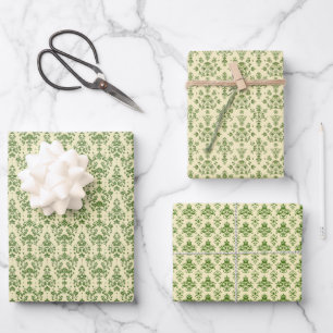 Vintage Green Damask Pattern on Light Beige Wrapping Paper Sheets