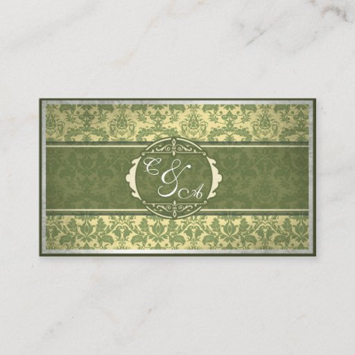 Customizable Vintage Green Damask Wedding place card Business Card Template