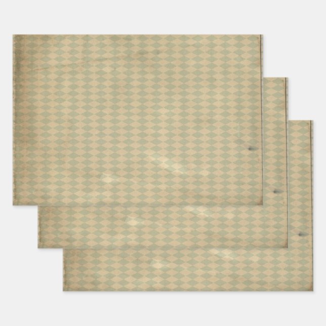 Vintage Green Diamond Pattern Wrapping Paper Sheets (Set)