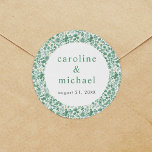 Vintage Green Ditzy Floral Wedding  Classic Round Sticker<br><div class="desc">Delicate green ditsy floral blooms create a romantic,  vintage feel to these beautiful wedding sticker labels. Featuring hand-drawn florals that frame the modern typography. Customize to your own event and pair with the coordinating suite pieces.</div>