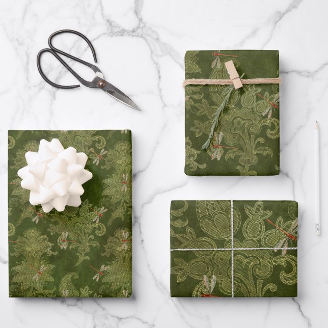 Vintage Green Dragonflies Wrapping Paper Sheets (Front)