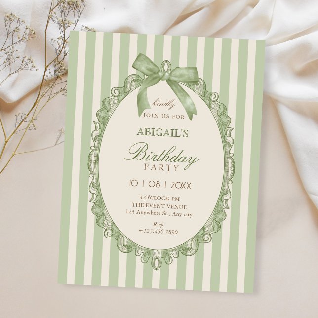 Vintage green elegant sweet bow birthday invitation (Creator Uploaded)