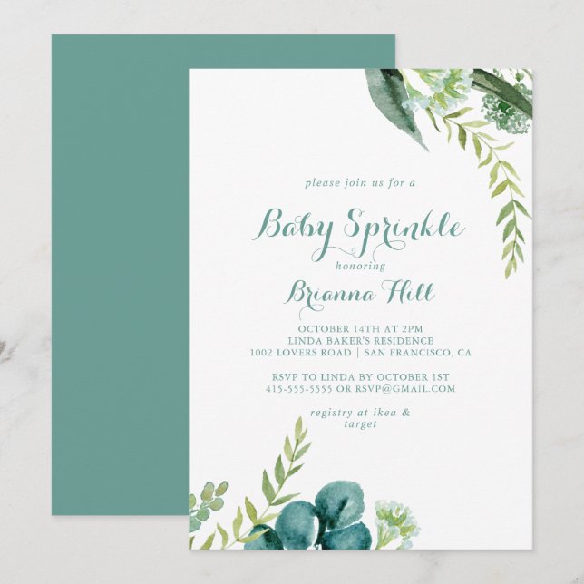 Vintage Green Eucalyptus Baby Sprinkle  Invitation (Front/Back)