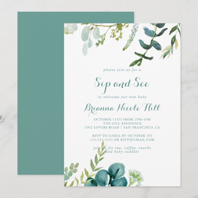 Vintage Green Eucalyptus Calligraphy Sip and See Invitation (Front/Back)