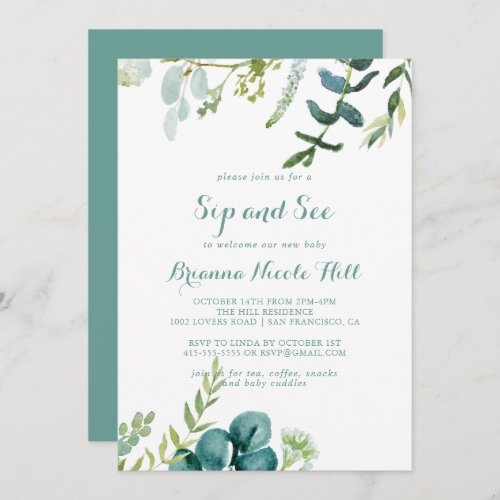 Vintage Green Eucalyptus Calligraphy Sip and See Invitation