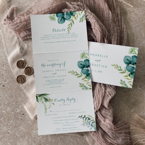 Vintage Green Eucalyptus Calligraphy Wedding  Tri_Fold Invitation