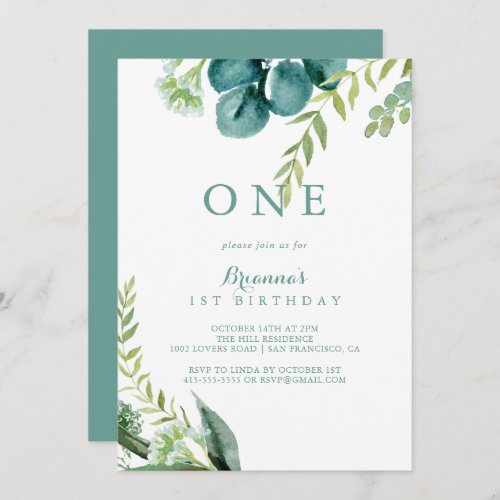 Vintage Green Eucalyptus First Birthday Party  Invitation