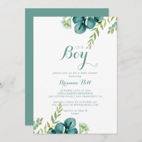 Vintage Green Eucalyptus Its A Boy Baby Shower Invitation