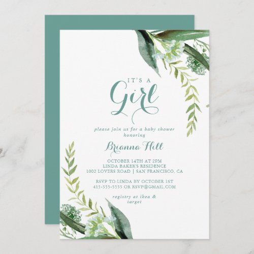 Vintage Green Eucalyptus Its A Girl Baby Shower  Invitation