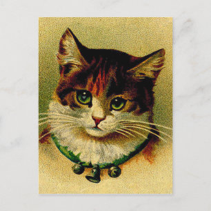 Vintage Green-Eyed Cat with Jingle Bells Postcard