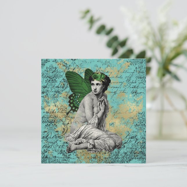 Vintage Green Fairy on Aqua Ephemera Card (Standing Front)