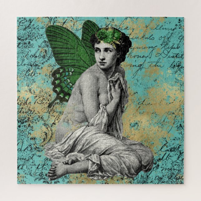 Vintage Green Fairy on Aqua Ephemera Jigsaw Puzzle (Vertical)