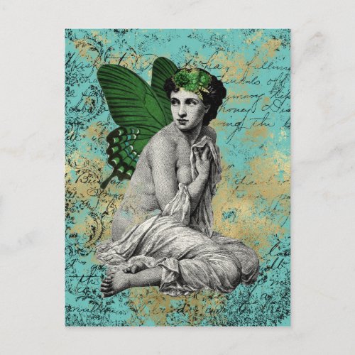 Vintage Green Fairy on Aqua Ephemera Postcard