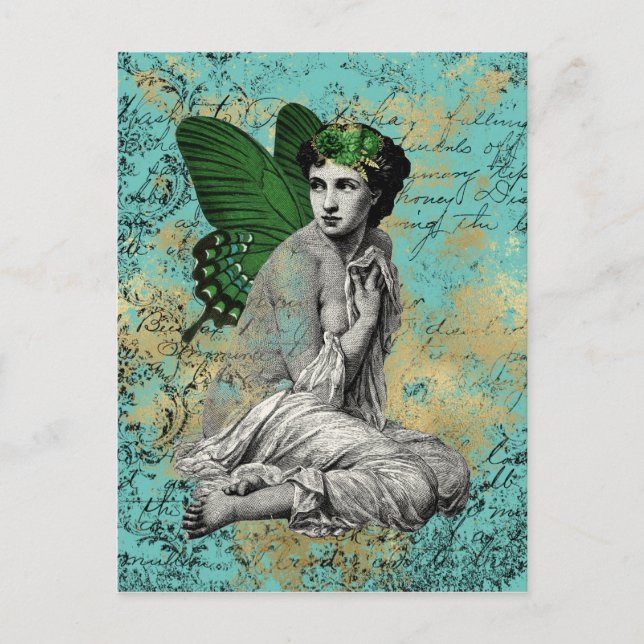 Vintage Green Fairy on Aqua Ephemera Postcard (Front)