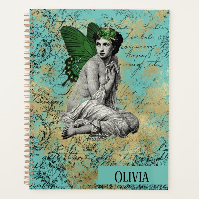 Vintage Green Fairy on Aqua Personalized Planner (Front)