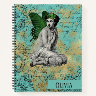 Vintage Green Fairy on Aqua Personalized Sketch Notebook