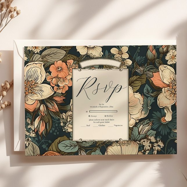 Vintage Green Fall Flowers Wedding RSVP Card (Creator Uploaded)