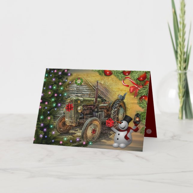 Vintage Green Farm Tractor Christmas Card (Front)