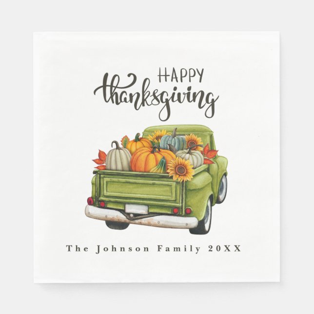 Vintage Green Farm Truck Thanksgiving Harvest Napkins (Front)