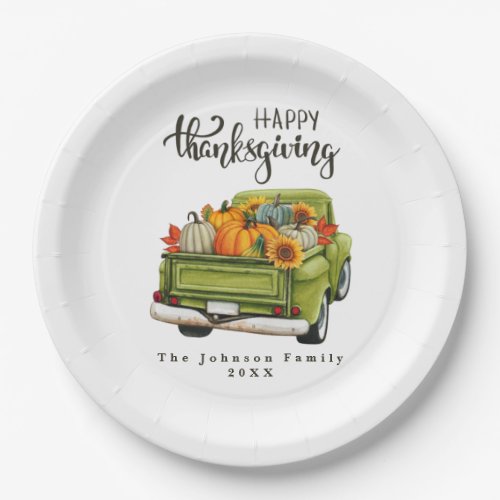 Vintage Green Farm Truck Thanksgiving Harvest Paper Plates