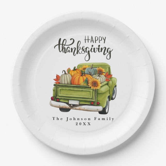 Vintage Green Farm Truck Thanksgiving Harvest Paper Plates (Front)
