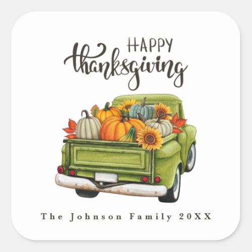 Vintage Green Farm Truck Thanksgiving Harvest Square Sticker