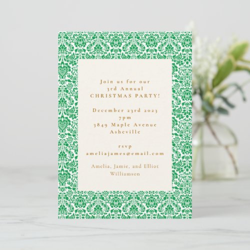 Vintage Green Festive Damask Christmas Party Invitation