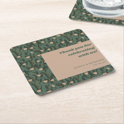 Vintage Green Floral Boho Wedding Custom Thank You Square Paper Coaster