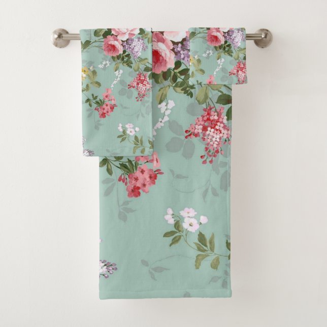 Vintage Green Floral Design  Bath Towel Set (Insitu)