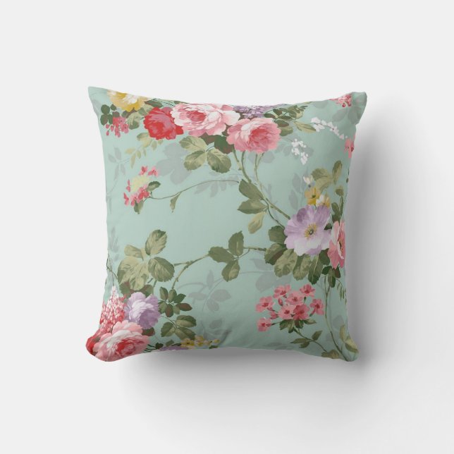 Vintage Green Floral Design  Outdoor Pillow (Front)
