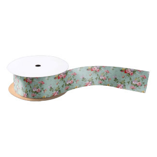 Vintage Green Floral Design  Satin Ribbon