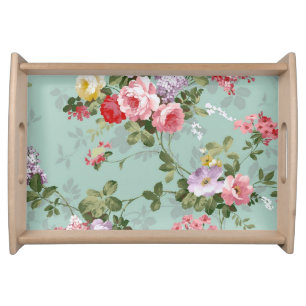 Vintage Green Floral Design Serving Tray