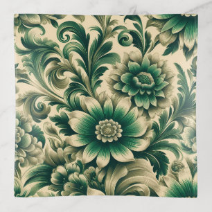 Vintage Green Floral Glass Trinket Tray