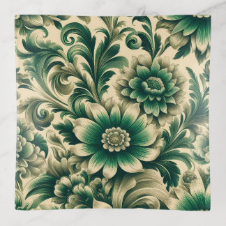 Vintage Green Floral Glass Trinket Tray