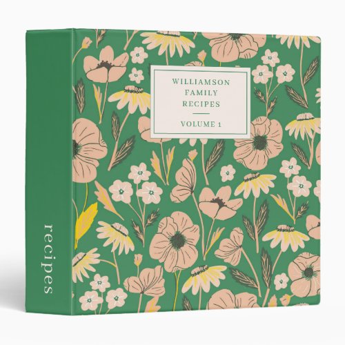 Vintage Green Floral Personalized Recipe Cookbook 3 Ring Binder