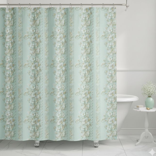 Vintage Green Floral Shower Curtain (vintage faux lace pale mint green cream ivory floral shower curtain)